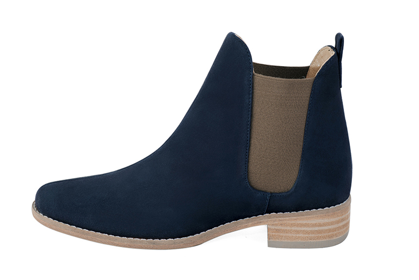 Navy blue and taupe brown women's ankle boots, with elastics. Round toe. Flat leather soles. Profile view - Florence KOOIJMAN
